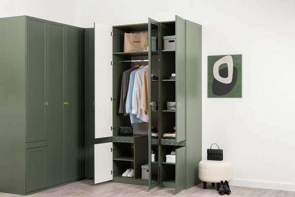 Шкаф для одежды Марион 16.340.03 дымчатый зеленый K521, олива шагрень AG 1050 ПВХ (собирается на любую сторону)