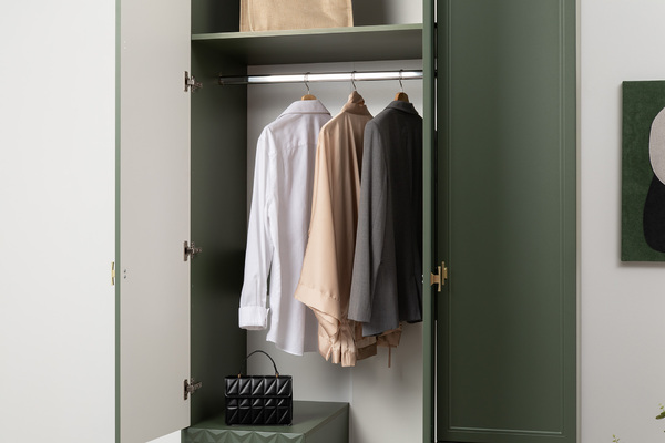 Шкаф для одежды Марион 16.340.03 дымчатый зеленый K521, олива шагрень AG 1050 ПВХ (собирается на любую сторону)