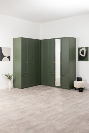 Шкаф угловой Марион 16.339 дымчатый зеленый K521, олива шагрень AG 1050 ПВХ (собирается на любую сторону)