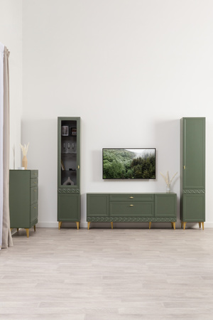 Шкаф-витрина Марион 16.397.01 дымчатый зеленый K521, олива шагрень AG 1050 ПВХ (собирается на любую сторону)