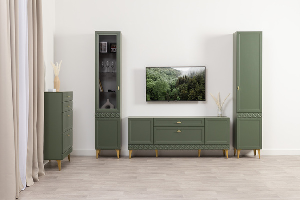 Шкаф-витрина Марион 16.397.01 дымчатый зеленый K521, олива шагрень AG 1050 ПВХ (собирается на любую сторону)