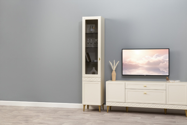 Шкаф-витрина Марион 16.397.01 слоновая кость С341 PE, слоновая кость 6898 ПВХ (собирается на любую сторону)