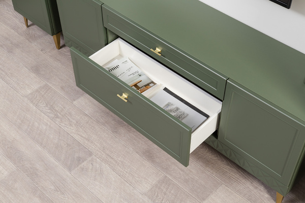 Гостиная Марион композиция 2 дымчатый зеленый K521, олива шагрень AG 1050 ПВХ, белый PE шагрень (собирается на любую сторону)