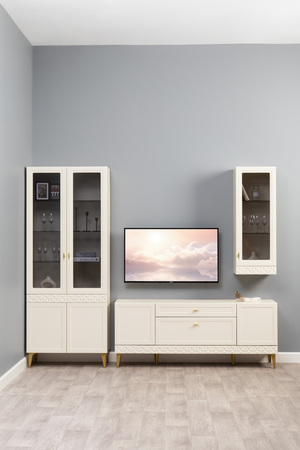 Гостиная Марион композиция 1 слоновая кость С341 PE, слоновая кость 6898 ПВХ, белый PE шагрень (собирается на любую сторону)