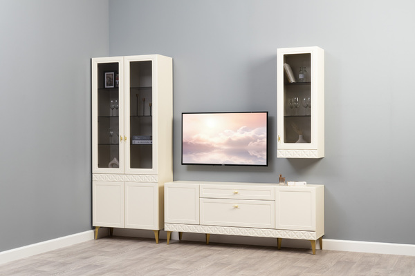 Гостиная Марион композиция 3 слоновая кость С341 PE, слоновая кость 6898 ПВХ, белый PE шагрень (собирается на любую сторону)