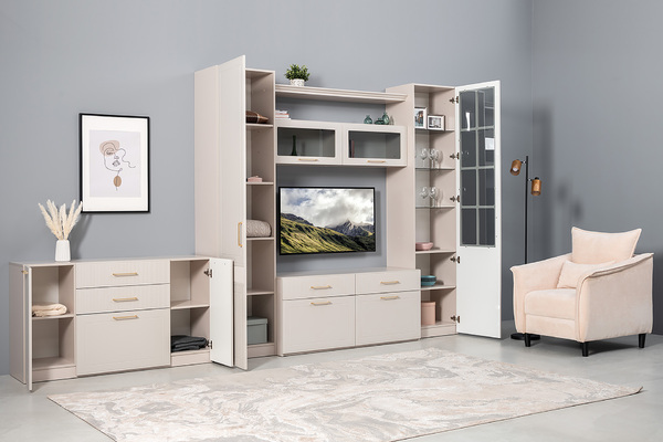 Тумба под ТВ Ричфорд 16.61 кашемир 5981 BS, моно керамика D166-2 ПВХ, белый PE шагрень