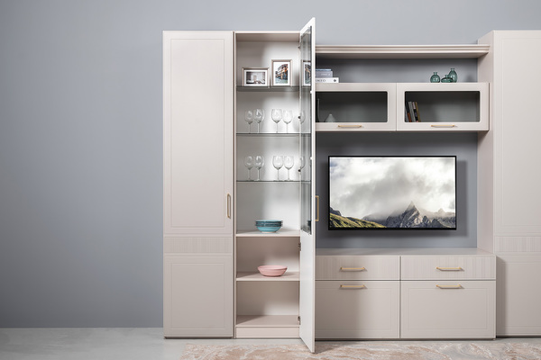 Гостиная Ричфорд композиция 1 без карнизов, кашемир 5981 BS, моно керамика D166-2 ПВХ, белый PE шагрень (собирается на любую сторону)