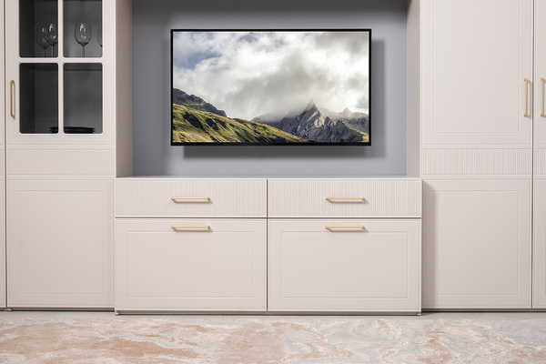 Гостиная Ричфорд композиция 1 без карнизов, кашемир 5981 BS, моно керамика D166-2 ПВХ, белый PE шагрень (собирается на любую сторону)